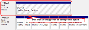 Disco com um sistema de arquivos danificado, excluído ou sem suporte no Windows Disk Manager
