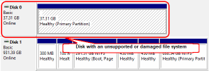 Disk with a damaged, deleted, or unsupported file system in Windows Disk Manager