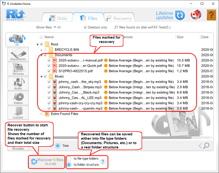 Files marked for recovery