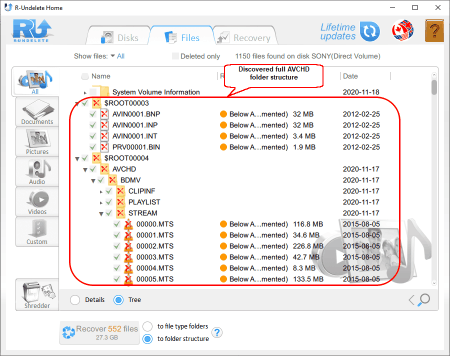 Se encontraron carpetas y archivos AVCHD marcados para su recuperación