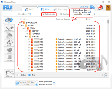 Files and folders marked for recovery