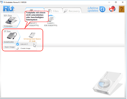 Festplatte mit einem beschädigten Dateisystem in R-Undelete