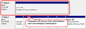 Datenträger mit einem beschädigten, gelöschten oder nicht unterstützten Dateisystem im Windows Disk-Manager