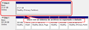 Disco con un sistema de ficheros dañado, borrado o no soportado en el Administrador de Discos de Windows