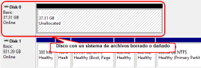 Disco con un sistema de ficheros dañado, borrado o no soportado en el Administrador de Discos de Windows