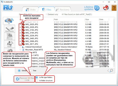 Ficheros marcados para recuperar