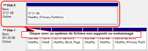 Disque avec un système de fichiers endommagé, supprimé ou non pris en charge dans le Gestionnaire de disques de Windows