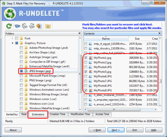 Récupération de fichiers accidentellement supprimés: Fichiers triés par extensions