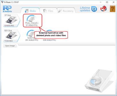 Photo and Video Files Recovery: Disks panel