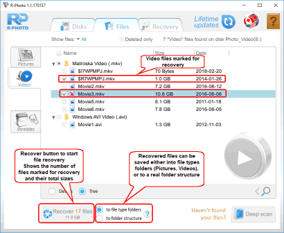 Photo and Video Files Recovery: Video files marked for recovery