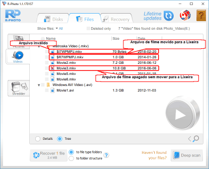 Arquivos de vídeo apagados