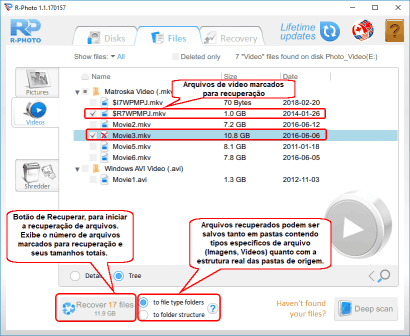 Arquivos de vídeo selecionados para recuperação