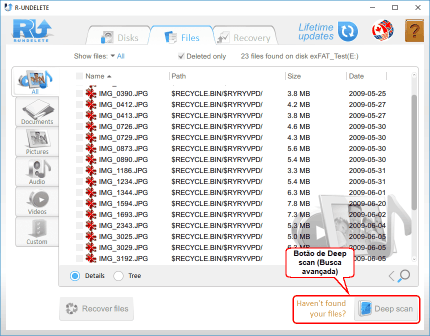 Botão da Deep scan (Busca avançada)